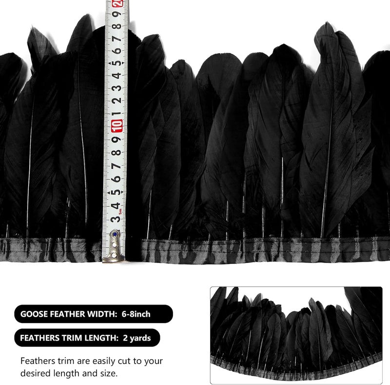 MAOFENG 2 Yards Natural Goose Feathers Trim Sewing Fringe Fashion Dress Sewing 6-8inch for DIY Handicrafts Costumes Decoration,Black - Image 2
